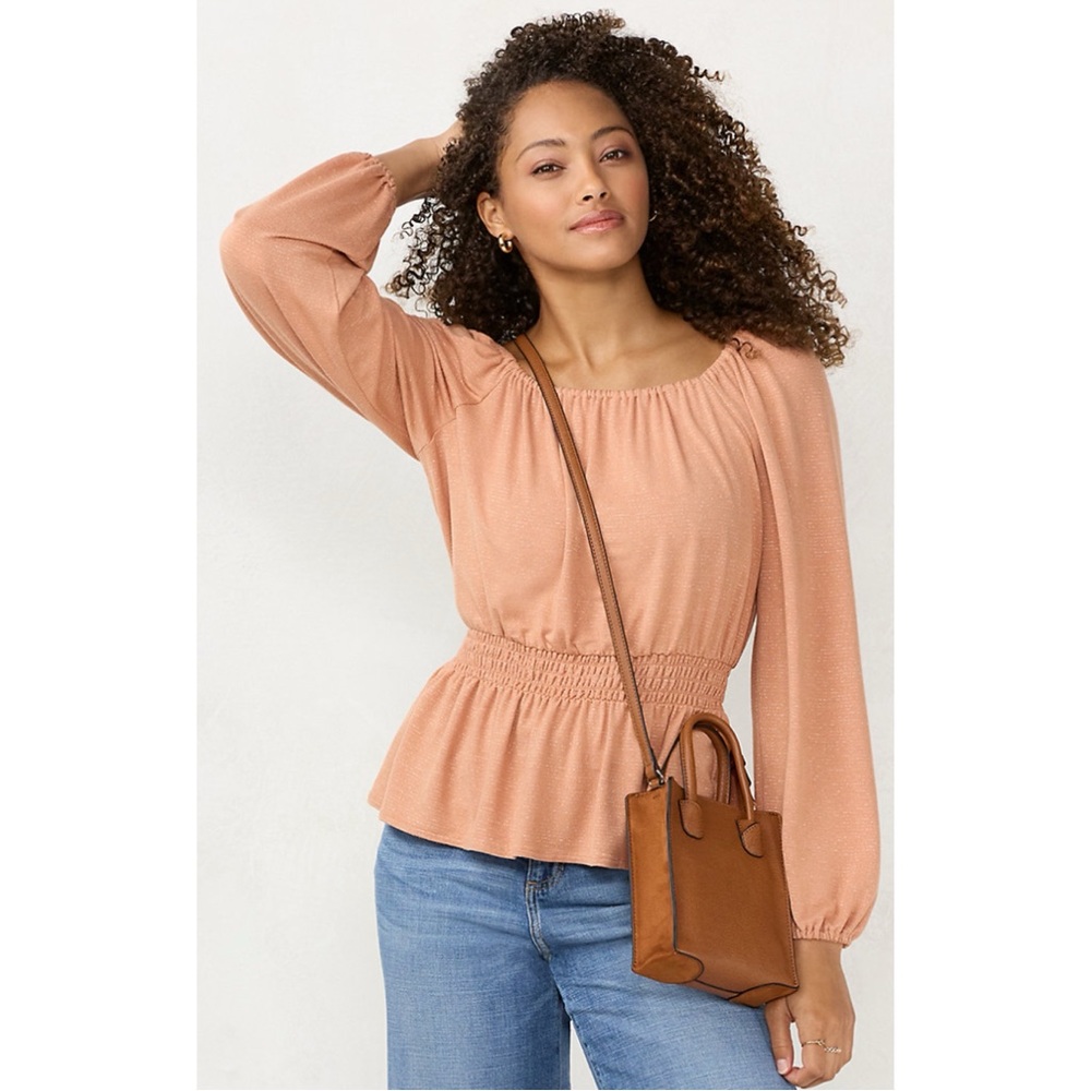 NWT LC Lauren Conrad Smocked Peplum-Hem Top Metallic Pink/Orange Size L